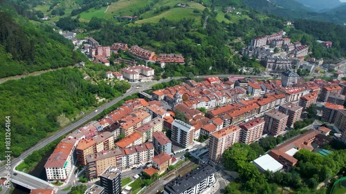 Aerial panoramic view of the downtown in the city Elgoibar in Spain on a sunny spring day. 