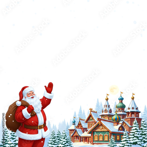 Santa Claus waving with a sack of gifts next to a festive Christmas village. Holiday season design for greeting card or winter celebration.