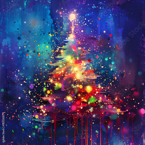 Abstract christmas tree with colorful lights and paint splatters. Vibrant festive artwork for holiday card or winter season celebration.