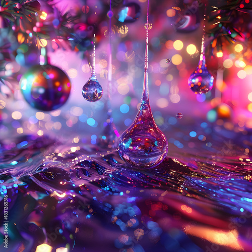 Vibrant Christmas decoration with holiday lights and glossy ornaments reflecting bokeh for festive greeting card.