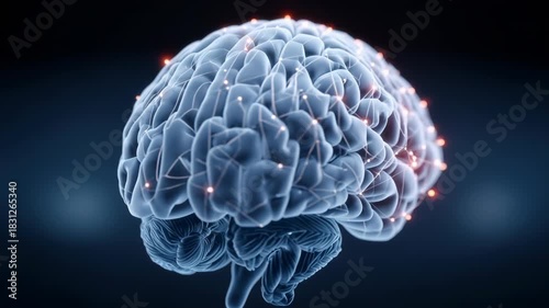 A brain with many connections is shown in a black background. The brain is surrounded by a network of red lines, which represent the connections between neurons. The image conveys the complexity