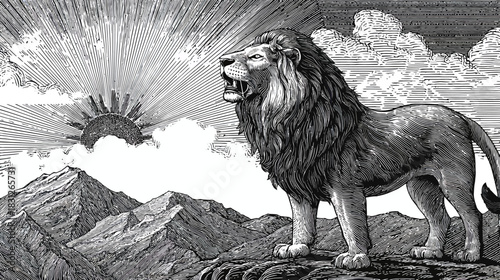 Powerful roaring lion stands majestically on a rocky peak, illuminated by a dramatic sunrise over mountains. Detailed black and white illustration.