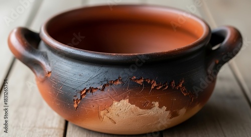 Still life Red Clay Pot used for cooking moqueca. Focus on rustic worn texture.