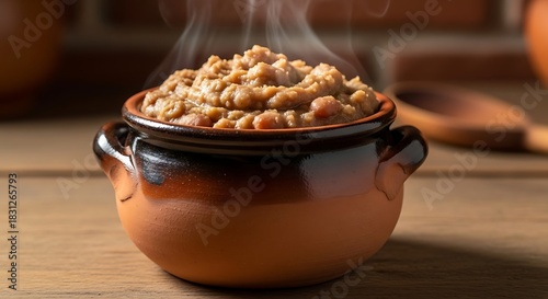 Tutu de Feijo (bean paste) in a small clay pot. Rustic texture warm kitchen light.