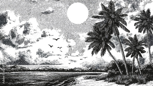 Monochrome tropical beach engraving with palm trees silhouetted against a bright sky, serene ocean, and distant land horizon.