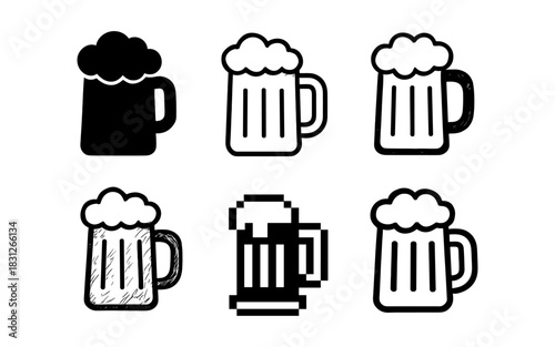 Various styles of beer mug icons: silhouette, pixel, line art, and more