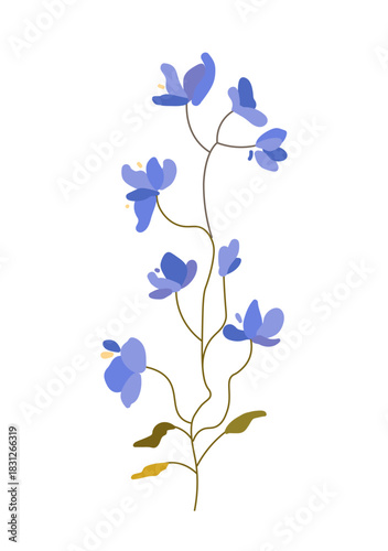 Aesthetic watercolor flower. Bloom and blossom plant with blue petals. Part of bouquet. Romantic present. Decorative element. Flat vector illustration