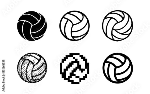 Variety of volleyball ball icons in different artistic styles
