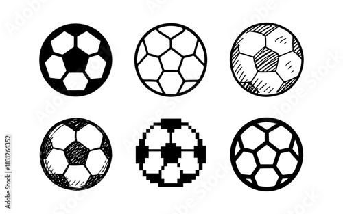 Diverse soccer ball designs in black and white sketch and pixel styles