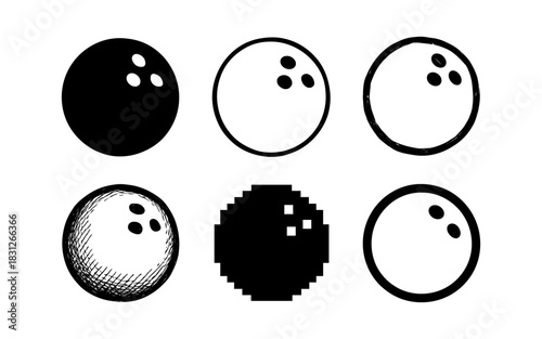 Variety of bowling ball designs: silhouette, sketch, pixel, and outline styles