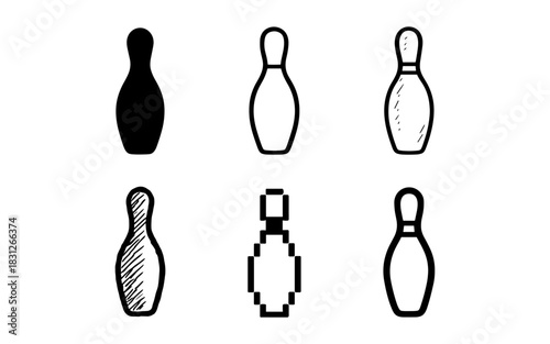 Minimalist bowling pin variations in different styles including silhouette and pixel art