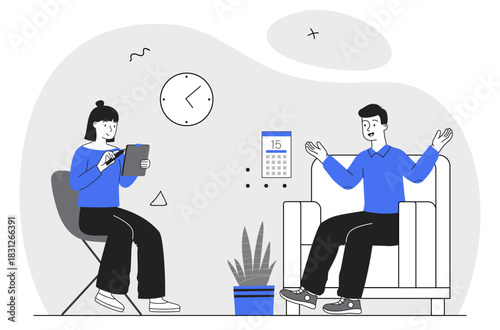 Patient at therapist. Female psychotherapist consults with man. Mental health care and treatment of psychological illnesses. Patient visit psychologist. Linear vector illustration