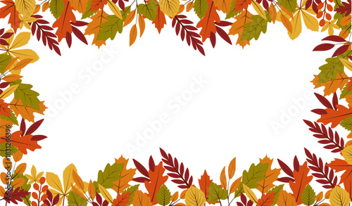 Autumn leaves frame. Red, yellow and green foliage. Borders for posters and banners. Template for postcards. Fall season, maple and oak leaves. Flat vector illustration
