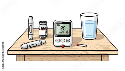 Diabetes monitor alongside medical supplies on wooden table  