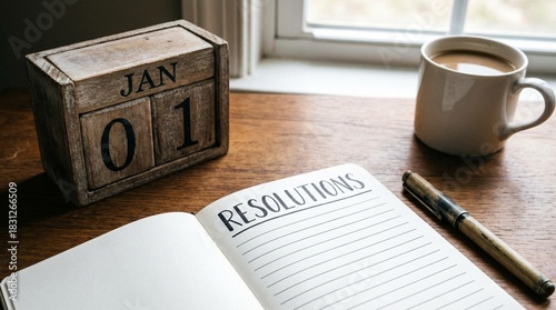 New Year's Goals: Rustic Calendar, Notebook with Resolutions, Pen, and Coffee on Wooden Desk.