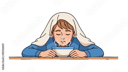 Boy inhaling steam from bowl while covered with blanket at home  