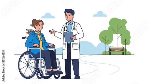 Doctor speaking to young woman in wheelchair outdoors in park  