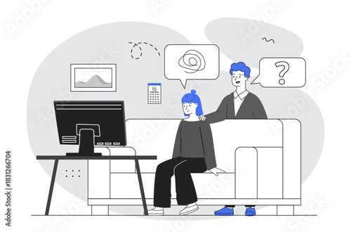 Friend offering psychological support. Man supports woman. Mental health care. Combating depression and disorders. Care and support, empathy. Linear vector illustration