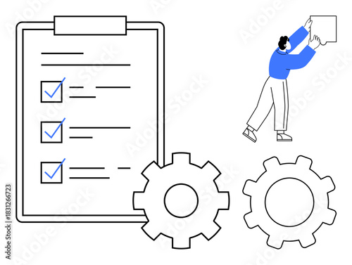 Task management concept. Task management illustrated with checklist, gears, and a figure organizing elements. Task management improves productivity, workflows, and effective planning. For teams