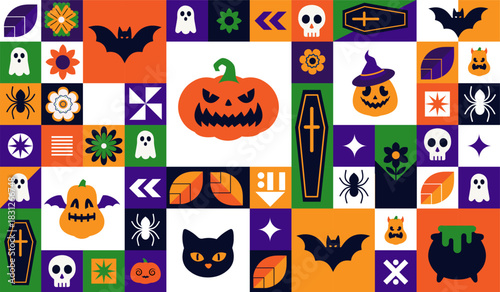 Halloween geometric background. Creepy pumpkin, skull and black bat. Holiday of fear and horror. Jack o lantern in witch hat. Poster or banner in memphis style. Flat vector illustration