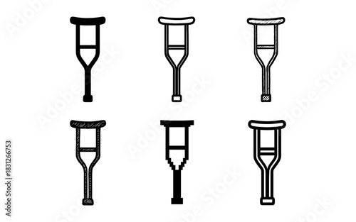 Diverse styles of crutch icons in black and white