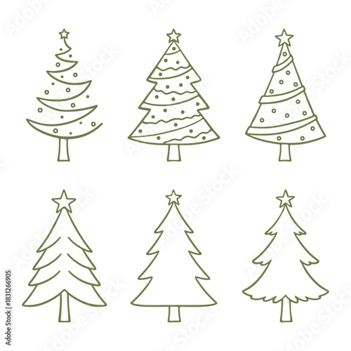 Hand drawn Christmas Tree Icons Vector Illustration Set. Festive Outline Silhouettes With Star Toppers.