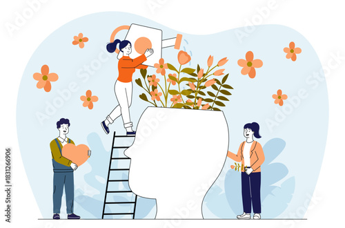 Mental care concept. Men and woman with watering can water flowers in silhouette of head. Awareness and mindfulness. Psychotherapy and psychological help. Linear vector illustration