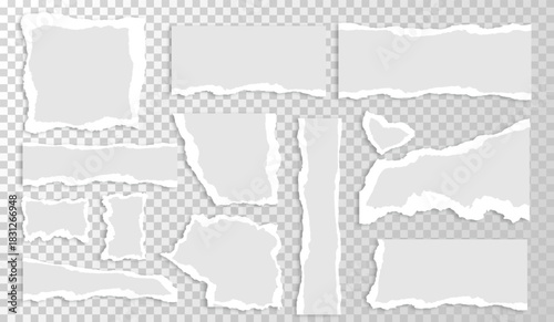 Realistic ripped white paper set. Torn notepad pages. Memo and notes. Grunge piece of sheet on copy space. Stationery and scrapbook. Realistic vector collection