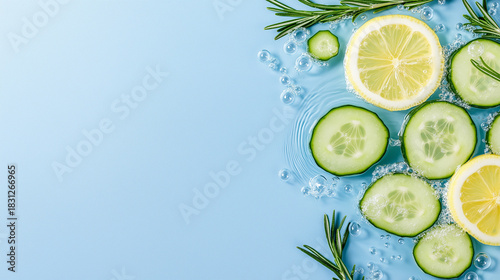Lemon and cucumber slices with rosemary on blue background