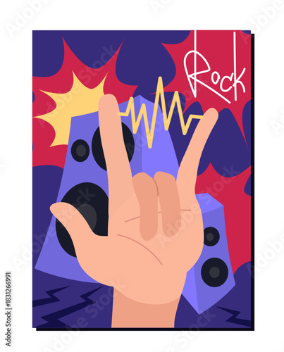Rocknroll culture poster. Hand gesture near large loudspeakers. Rock and roll music, youth culture. Punk, grunge and metal. Festival or concert. Flat vector illustration