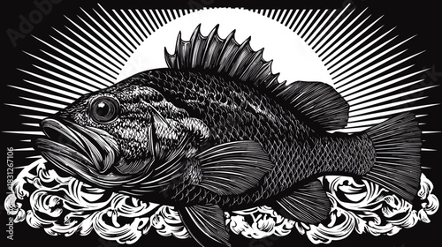 Detailed Black and White Fish Illustration with Sunburst and Ocean Waves in Vintage Engraving Style