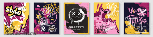 Abstract graffiti posters set. Modern urban style. Trendy font and letters, inscriptions. Vandalism and youth culture. Flat vector collection