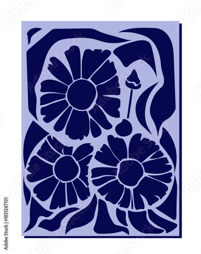 Abstract blue flowers poster. Geometric pattern for printing on fabric. Naive and boho style. Bloom and blossom plants. Template and layout. Flat vector illustration