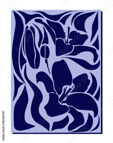 Abstract blue flowers poster. Contemporary creativity and art. Organic patterns. Bloom and blossom plants. Postcard design. Flat vector illustration