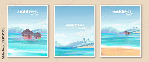 Maldives posters set. Tropical scene, sea with sand beach. Vacation, travel and tourism. Maldives islands landscape. Flat vector collection