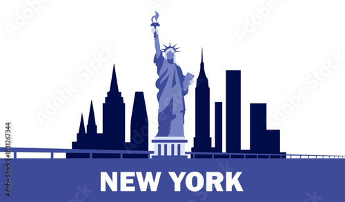 New York city skyline. Statue of Liberty near city skyline. American capital landscape. Skyscrapers near landmark. Travel and tourism, trip. Flat vector illustration