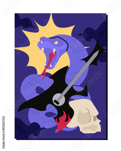 Rocknroll culture poster. Violet snake near electric guitar. Rock and roll music, youth culture. Emotions and expressions. Flat vector illustration