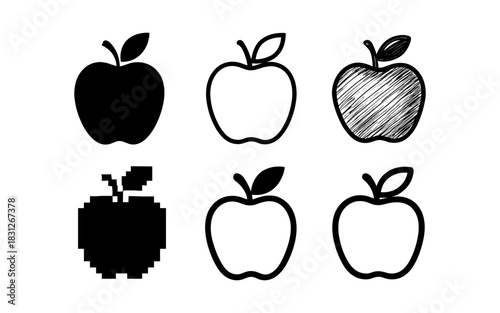 Variety of apple icons in different styles: silhouette, pixelated, and hand drawn