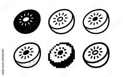 Variety of kiwi fruit designs in black and white styles