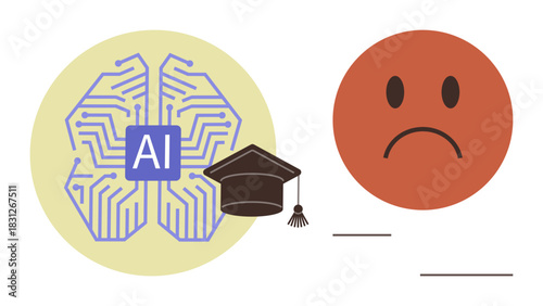 AI brain with circuits and graduation cap beside a sad face conveying learning difficulties. Ideal for education, technology, innovation, problem-solving, emotional intelligence, AI training, failure