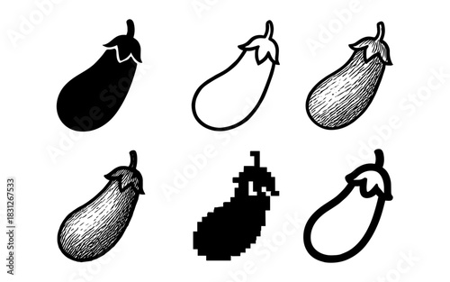 Diverse eggplant designs in various styles including pixel and sketch