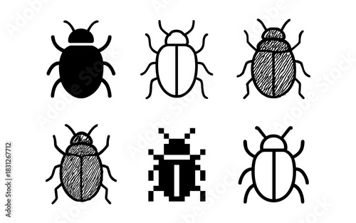 Collection of bug icons in various styles including silhouette and pixel art