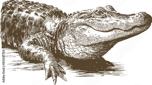 Antique Engraving Style Illustration of an Alligator, Wild Reptile in Sepia Tone for Nature and Wildlife Concepts