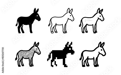 Diverse donkey designs in various art styles: silhouette, line art, sketch, pixel, black and white