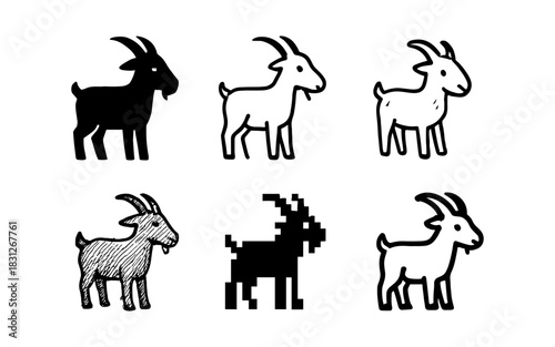 Goat icon set: simple, sketch, pixel, and semi-realistic styles for versatile use