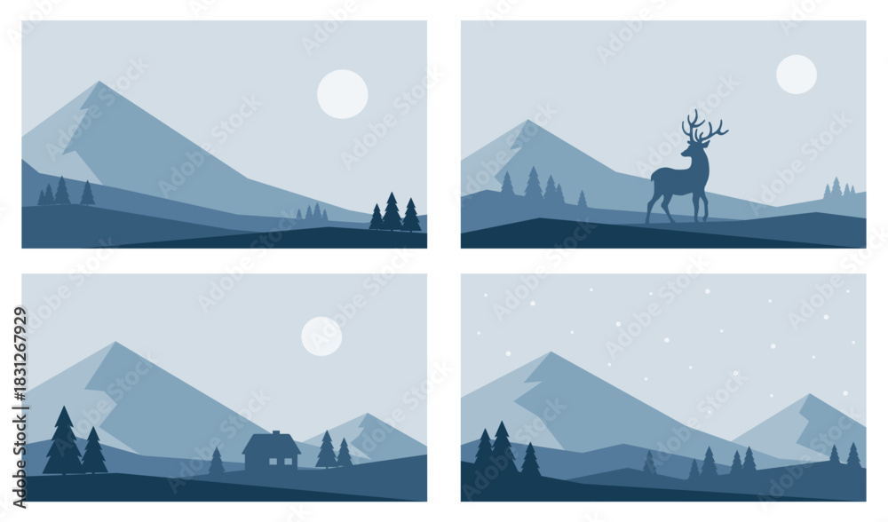 Obraz premium Minimalistic winter mountains landscape set. Nature hand drawn vector illustrations in blue colors