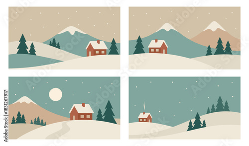 Minimalistic winter landscape set. Nature and house vector design in Scandinavian style. Hand drawn illustrations