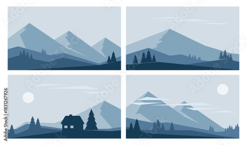 Minimalistic winter landscapes set. Mountains, fir trees and house. Hand drawn vector illustrations in blue colors