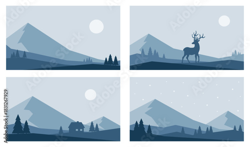 Minimalistic winter mountains landscape set. Nature hand drawn vector illustrations in blue colors