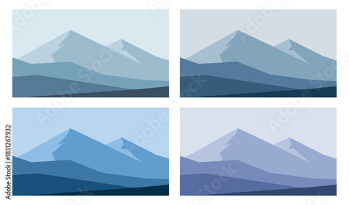 Minimalistic winter mountains landscape set. Mountains hand drawn vector illustrations in blue tones